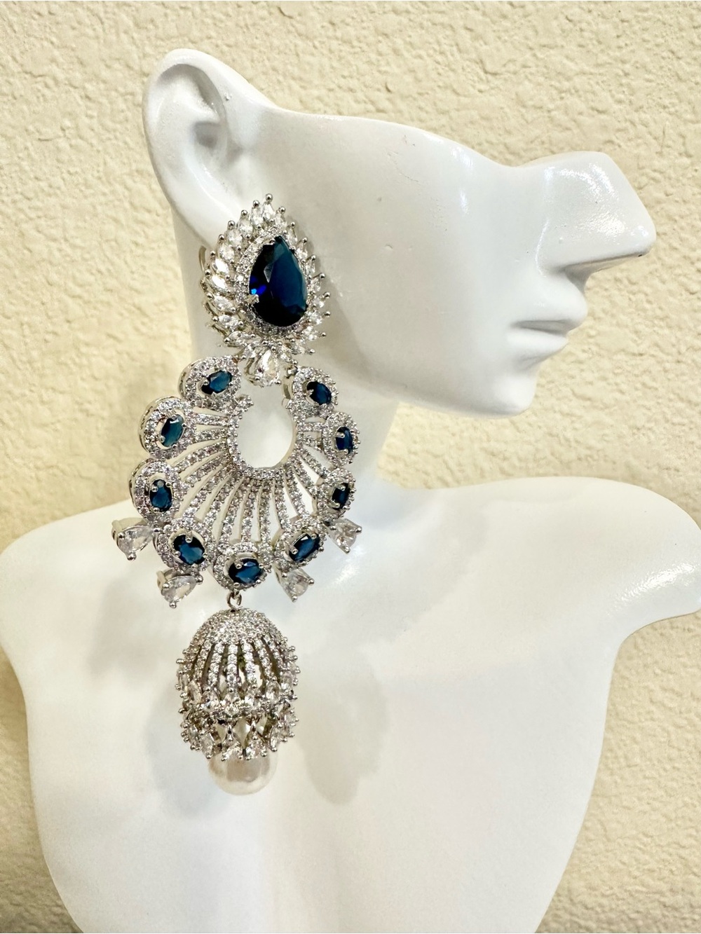 4” Rhodium Plated CZ & Blue Crystal Jhumka Style Earrings - High-End
